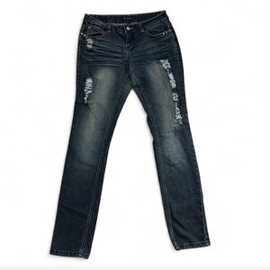 Rocawear Y2K Dark Wash Skinny Distressed Jeans With Velvet Pockets and Bling